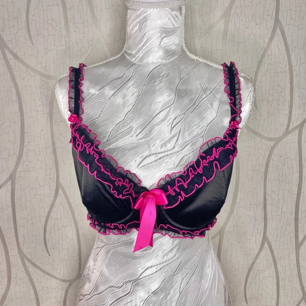 🌷 La SENZA 🌷 Black Bra with Pink Ruffle Frill Accents & Ribbon Bow - Picture 3 of 11